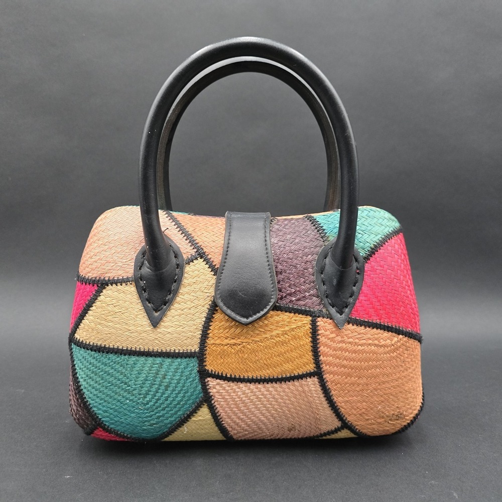 Vintage Color Block Woven Purse Handbag with Black Handles Coogan Multi Color